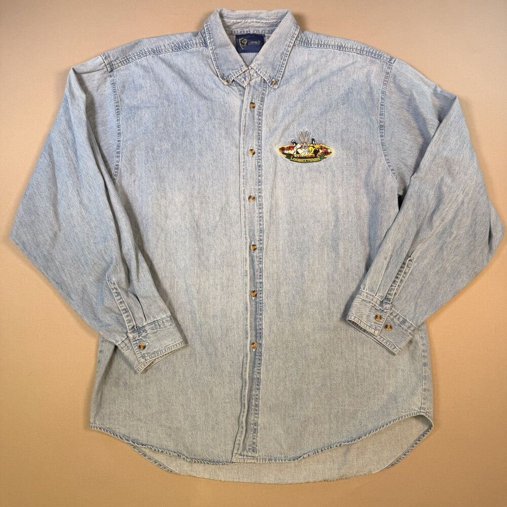 VTG 1994 Looney Tunes Summit Denim Button Down Shirt Mens XL Blue Long Sleeve